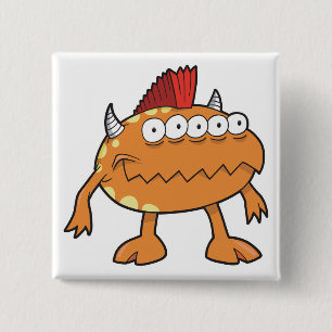 oranje mohawk monster vele ogen vierkante button 5,1 cm