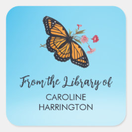 Oranje Monarch Butterfly  Sky Blue Bookplate Vierkante Sticker