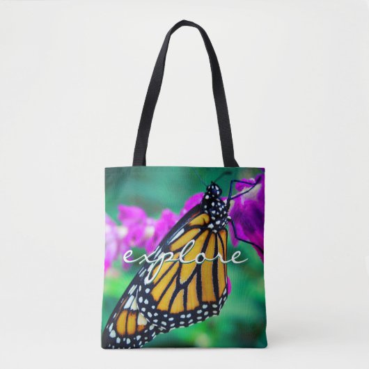 Oranje monarch vlinder verkennen script modern tote bag (Voorkant)