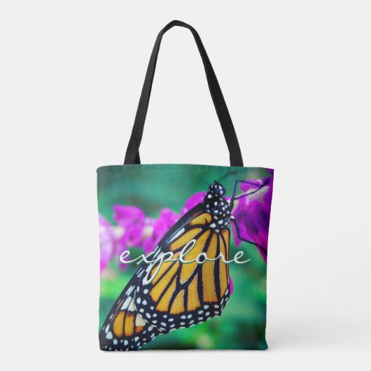 Oranje monarch vlinder verkennen script modern tote bag (Achterkant)