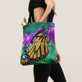 Oranje monarch vlinder verkennen script modern tote bag (Dichtbij)