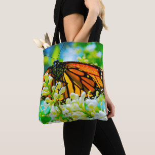 Oranje Monarch Vlinder Witte Bloem Foto Vet Tote Bag