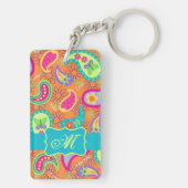 Oranje monogram Turquoise Modern Paisley Pattern Sleutelhanger (achterkant)