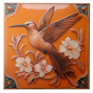 Oranje namaak reliëf Art Nouveau Kolibrie L Tegeltje