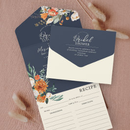 Oranje & Navy Bloemen Bruiloft Feest & Recept  All In One Uitnodiging