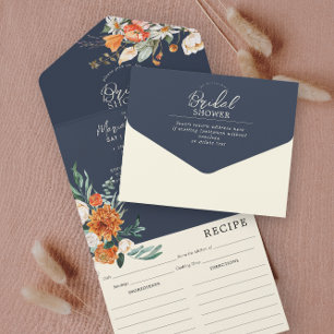 Oranje & Navy Bloemen Bruiloft Feest & Recept All In One Uitnodiging