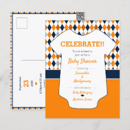 Oranje & Navyblauw Argyle Patroon Baby Shower Briefkaart