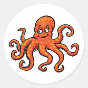 Oranje Octopus Cartoon Oceaan Zeewezen Ronde Sticker
