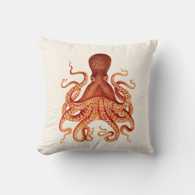 Oranje Octopus Illustratie op Cream Kussen (Voorkant)
