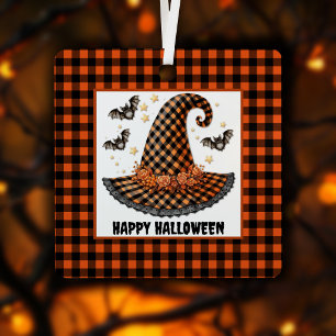 Oranje & Oranje Gingham Halloween Heksenhoed & Vle Metalen Ornament