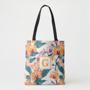 Oranje Orchideeën Monogram fleece deken Draagtas