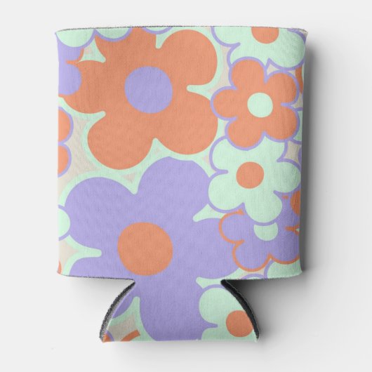 Oranje Paarse Blauwe Retro Y2K 70s Bloempatroon Blikjeskoeler (Voorkant)