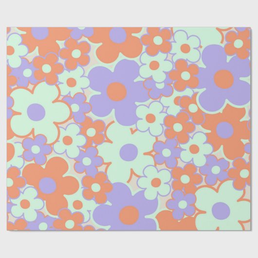 Oranje Paarse Blauwe Retro Y2K 70s Bloempatroon Cadeaupapier (Vlak)
