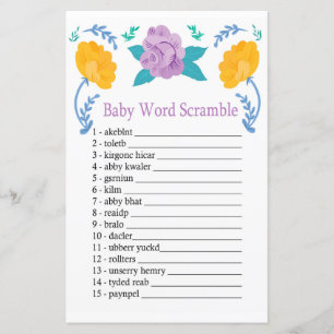 Oranje paarse bloemen Baby word scramble game