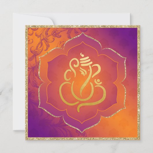 Oranje Paarse Damask Gold Ganesh Indiase bruiloft Kaart (Voorkant)