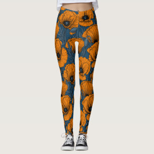 Oranje papaver op donkerblauw leggings