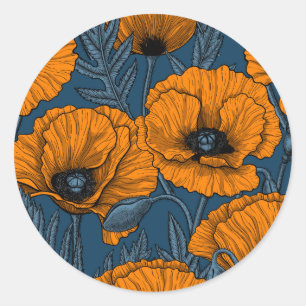 Oranje papaver op donkerblauw ronde sticker