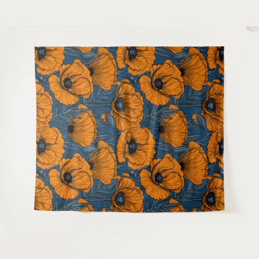 Oranje papaver op donkerblauw wandkleed (Voorkant (horizontaal))
