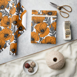 Oranje papaver op wit cadeaupapier