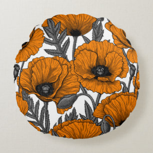 Oranje papaver op wit rond kussen