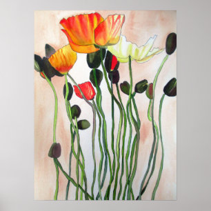 Oranje papaver, originele waterverf bloemkunst poster