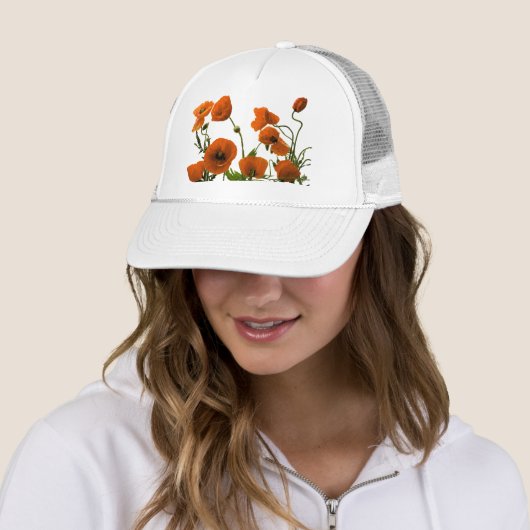 Oranje papaver Waterverf Floral White Trucker Pet (In situ)