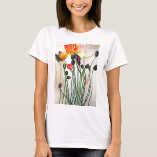 Oranje papaverbloemen waterverf kunst t-shirt