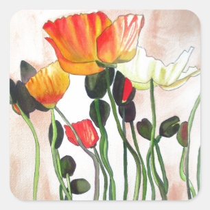 Oranje papaverbloemen waterverf schilderij vierkante sticker