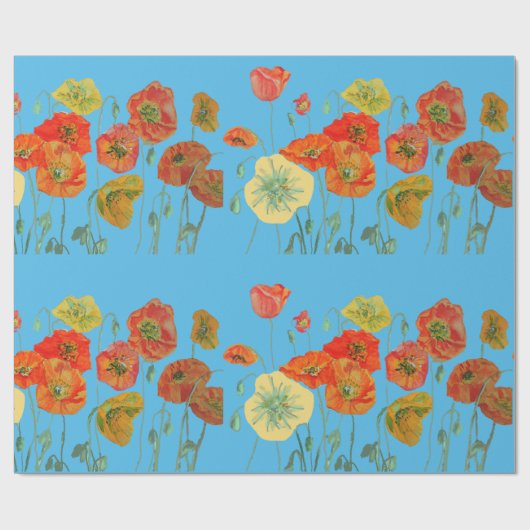 Oranje papier met rode papavers blauw Waterverf (Vlak)