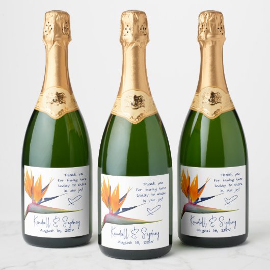 Oranje paradijsvogel bruiloft sparkling wijnetiket (Flessen)