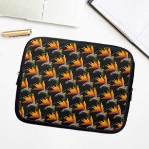 Oranje Paradijsvogel Plant Patroon op zwart Laptop Sleeve