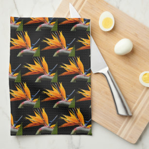 Oranje Paradijsvogel Plant Patroon op zwart Theedoek