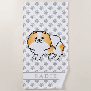 Oranje Parti-Kleur Pomeranian Cartoon Hond & Naam Strandlaken