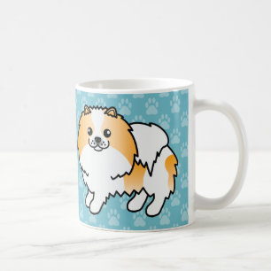 Oranje Parti-Kleur Pomeranian Hond Op Blauwe Onder Koffiemok