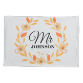Oranje Perzik Floral Elegant Script Mr Pillow Hoes (Achterkant)