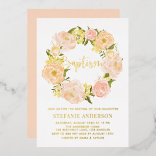 Oranje pioenroos Bloemen Krans Baby Meisje Doop Folie Uitnodiging