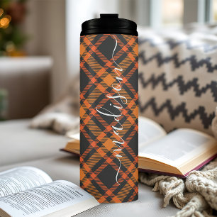 Oranje Plaid Herfst Signature Script Naam Thermosbeker