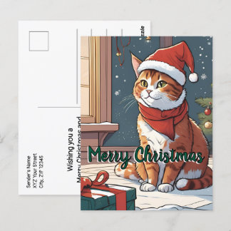 Oranje poes met kerst pet schattig dierenhuisje briefkaart