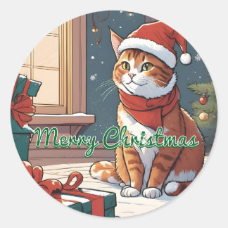 Oranje poes met kerst pet schattig huisdier ronde sticker