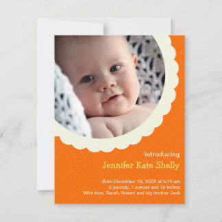 Oranje polka stip rosette foto schattige baby gebo aankondiging