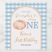 Oranje pompoen Boho Blue Gingham 1e verjaardag Wijn Etiket (Enkel label)