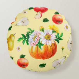 Oranje pompoen, chrysanthemum, peren, rode appels rond kussen