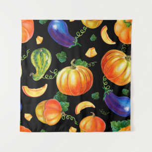 Oranje pompoen, gestreept zucchini, blauwe eierpla wandkleed