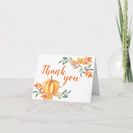 Oranje pompoen Herfst Waterverf bladeren dank u Bedankkaart (Voorkant)