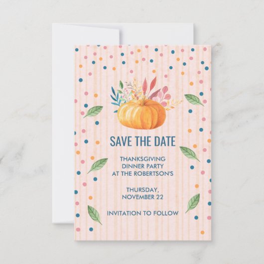 Oranje pompoen op roze en goudstapes save the date (Voorkant)
