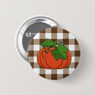 Oranje pompoen op White Brown Checkered Pattern Ronde Button 5,7 Cm