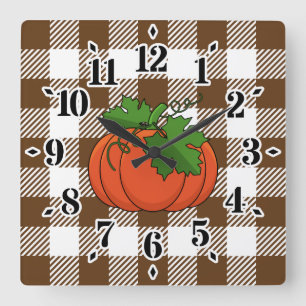Oranje pompoen op White Brown Checkered Pattern Vierkante Klok