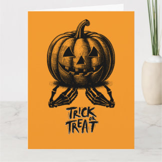 Oranje pompoen Trick or treat schedel Hand Spooky Kaart