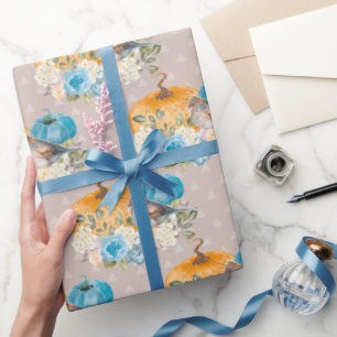 Oranje Pompoenen Blauwe Pompoenen en Bloemen Bedan Cadeaupapier