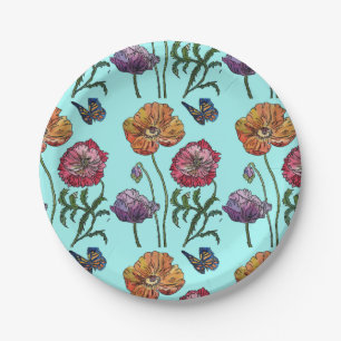 Oranje Poppie Poppies Floral Aqua Papieren Bordje